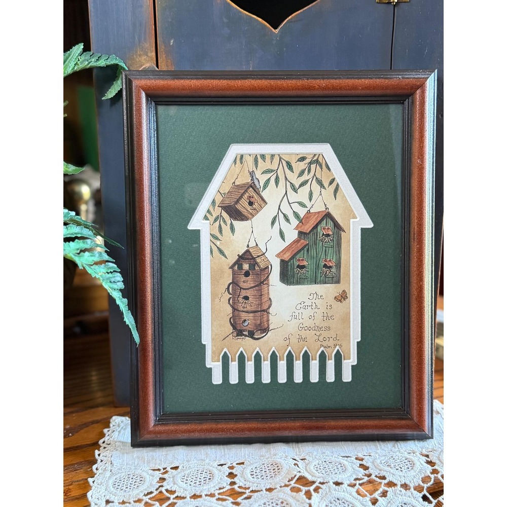 Framed Wall Art Birdhouse Psalm 33:5 Scripture Country Decor 8.5x10.5
